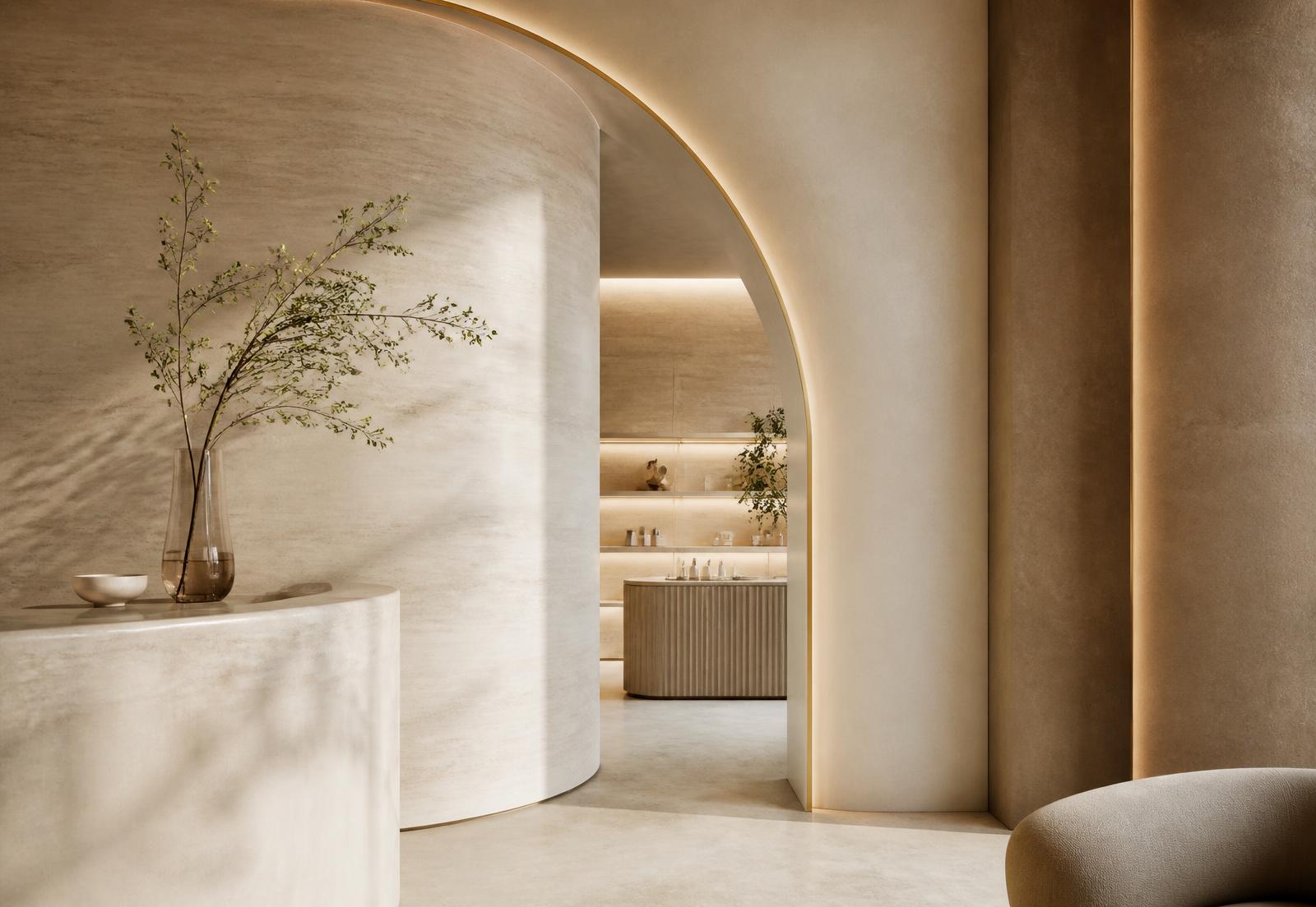 Warm cream and taupe architectural interior of a discreet luxury clinic