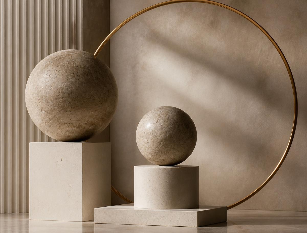 Abstract stone spheres and gold ring composition representing balance and function
