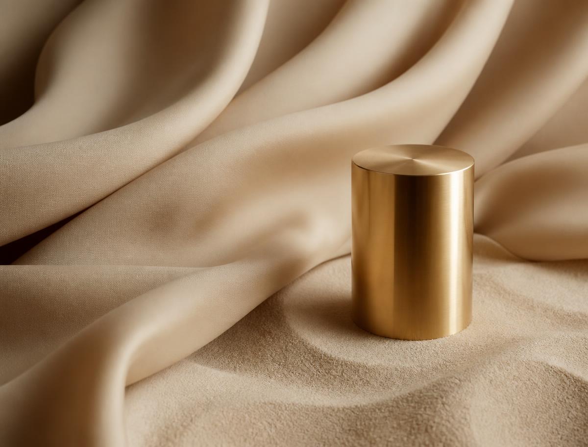 Abstract beige silk and brass composition representing enhancement